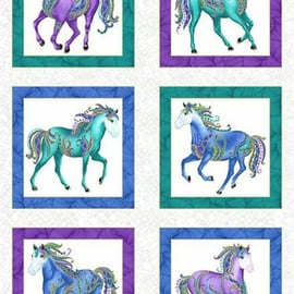Horsen Around Metallic Rainbow Horses On White Panels 100% Cotton Print Fabric