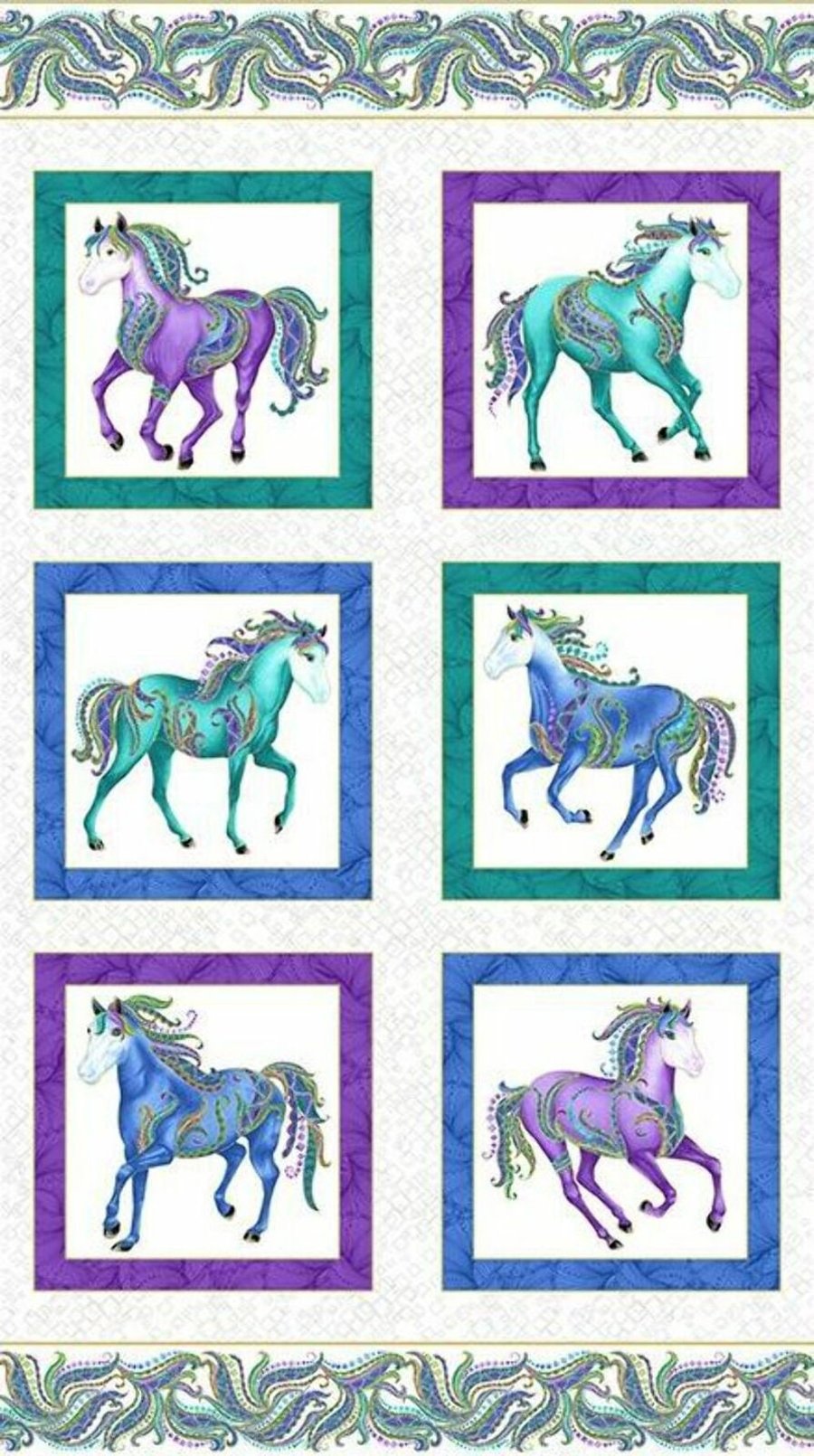 Horsen Around Metallic Rainbow Horses On White Panels 100% Cotton Print Fabric