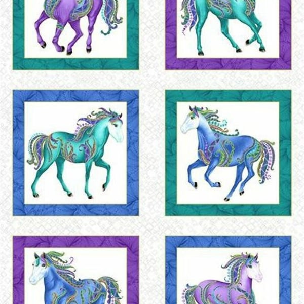 Horsen Around Metallic Rainbow Horses On White Panels 100% Cotton Print Fabric