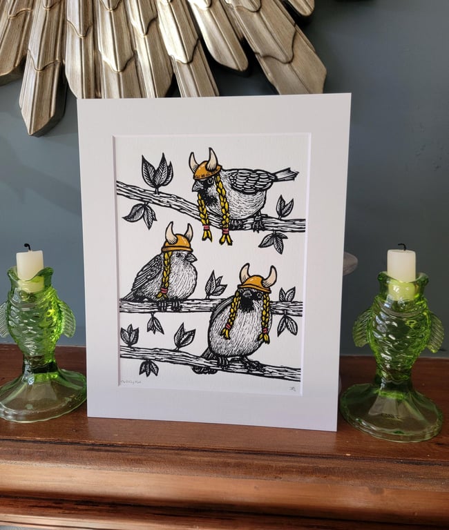 The Viking Host - handmade original linocut bird gallery wall art print