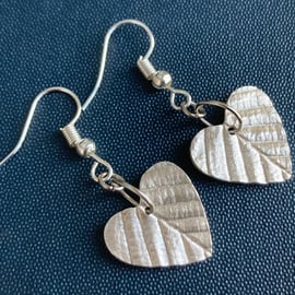 Handmade Fine SIlver Beech Leaf Impression Heart Dangly Earrings