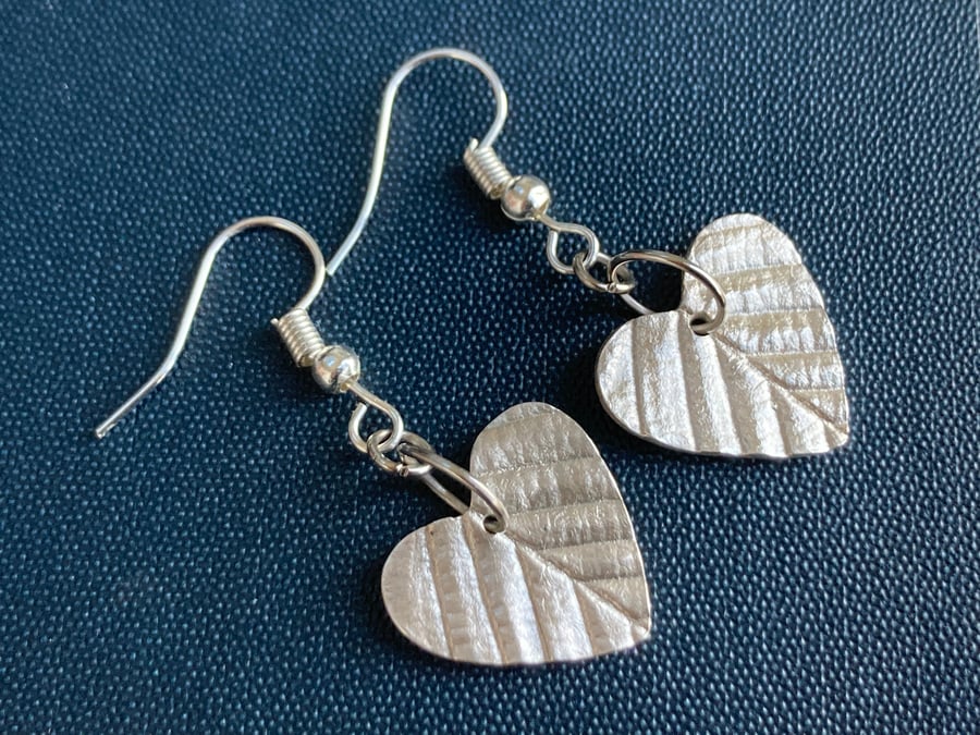 Handmade Fine SIlver Beech Leaf Impression Heart Dangly Earrings