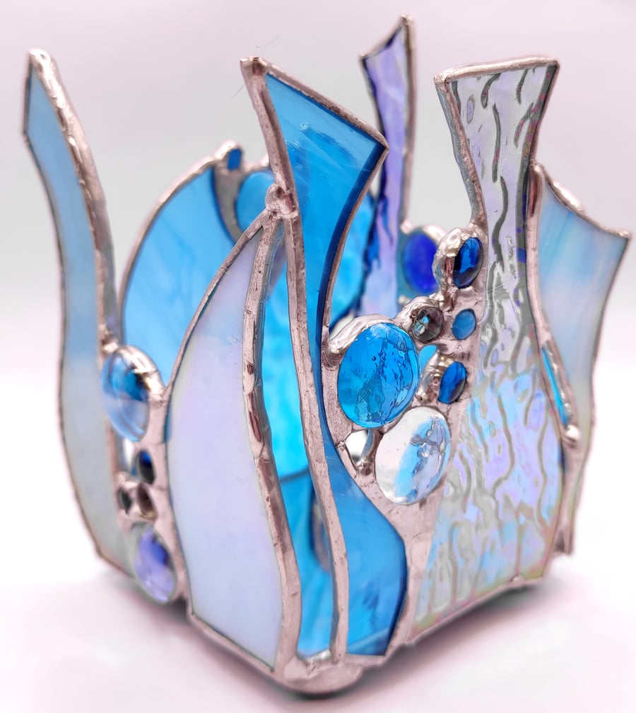 Hand made stained glass, candle holder, turquoise blue