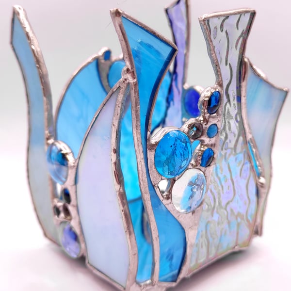 Hand made stained glass, candle holder, turquoise blue