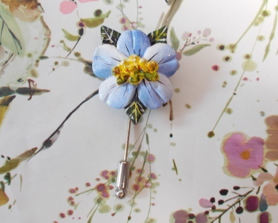 Pastel BLUE BLOSSOM FLOWER PIN Wedding Lapel Flower Brooch HANDMADE HAND PAINTED