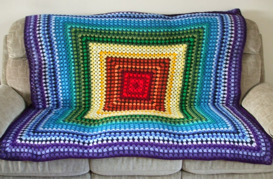 Crocheted Blanket or Throw in Rainbow Colours