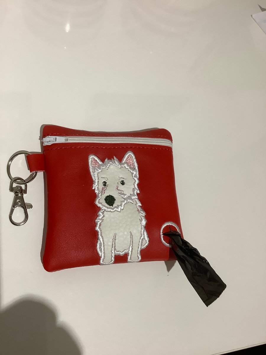 New Westie Embroidered Red faux leather dog poo bag dispenser,dog walking,