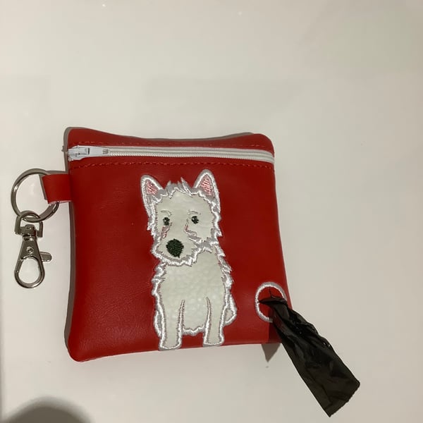 New Westie Embroidered Red faux leather dog poo bag dispenser,dog walking,