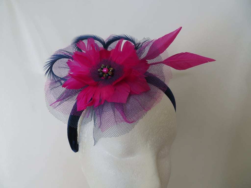 Navy Blue and Raspberry Magenta Flower Tulle & Feather Headband 