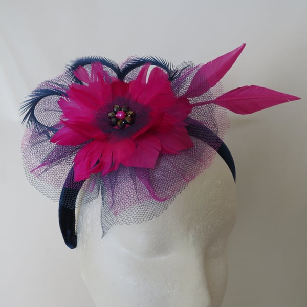 Navy Blue and Raspberry Magenta Flower Tulle & Feather Headband 