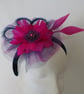 Navy Blue and Raspberry Magenta Flower Tulle & Feather Headband  - Image 1