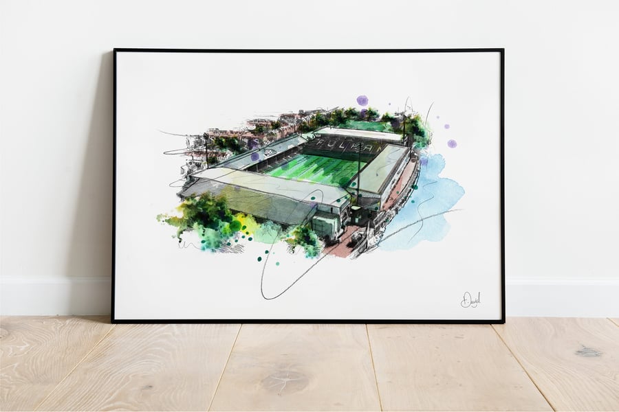 Fulham FC Craven Cottage, Art Print, Illustration, Drawing, Watercolour, footbal