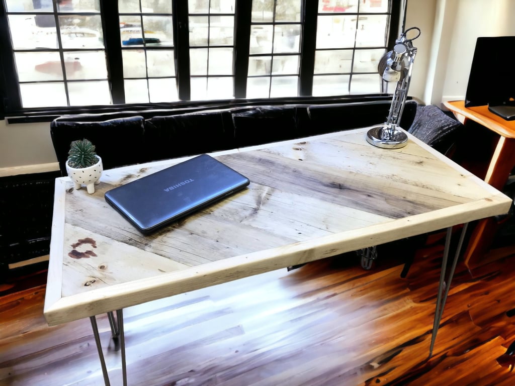 Diagonal Desk, Dining Table, Reclaimed Scaffold Boards, Hairpin Legs, Tubes THE 