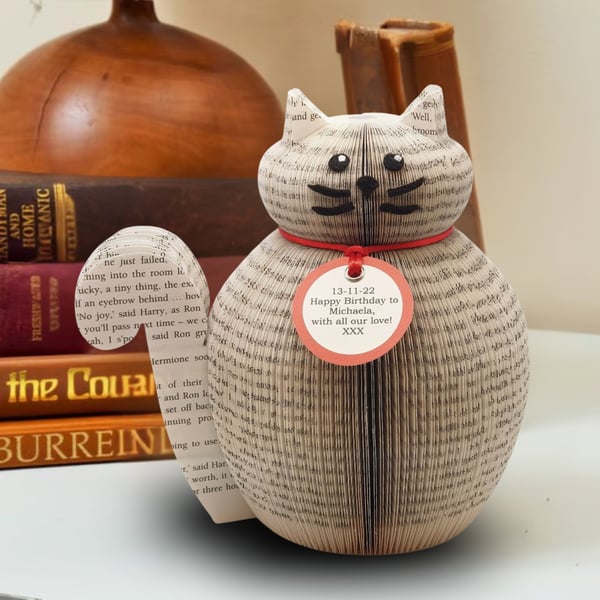Handmade Book Cat – Personalised Paper Cat Sculpture Gift