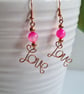 Pink Agate & Copper Dangle LOVE  Earrings Gift Crystal Jewellery Jewelry  - Image 6