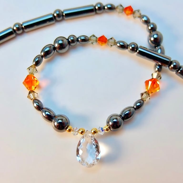 Faceted Quartz Pear, Hematite And Swarovski Crystal Necklace - Handmade In Devon