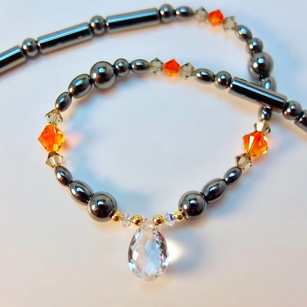 Faceted Quartz Pear, Hematite And Swarovski Crystal Necklace - Handmade In Devon