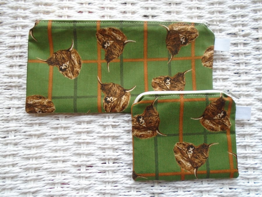Gift Set Highland Cows Pencil Case or Small Make Up Bag and Purse 