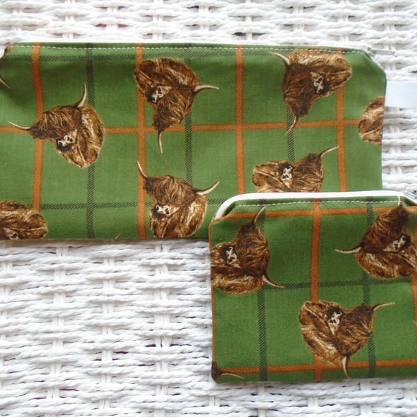 Gift Set Highland Cows Pencil Case or Small Make Up Bag and Purse 