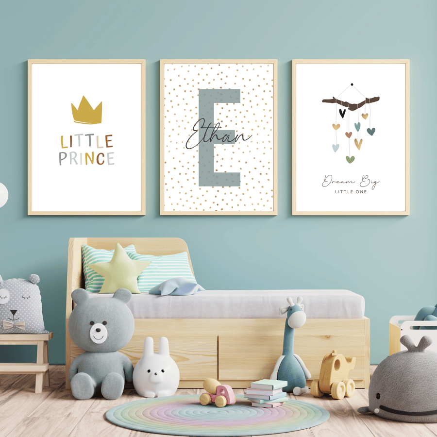 Nursery Wall Art, Set of 3 Personalised Boho Prints, Boys Nursery Decor