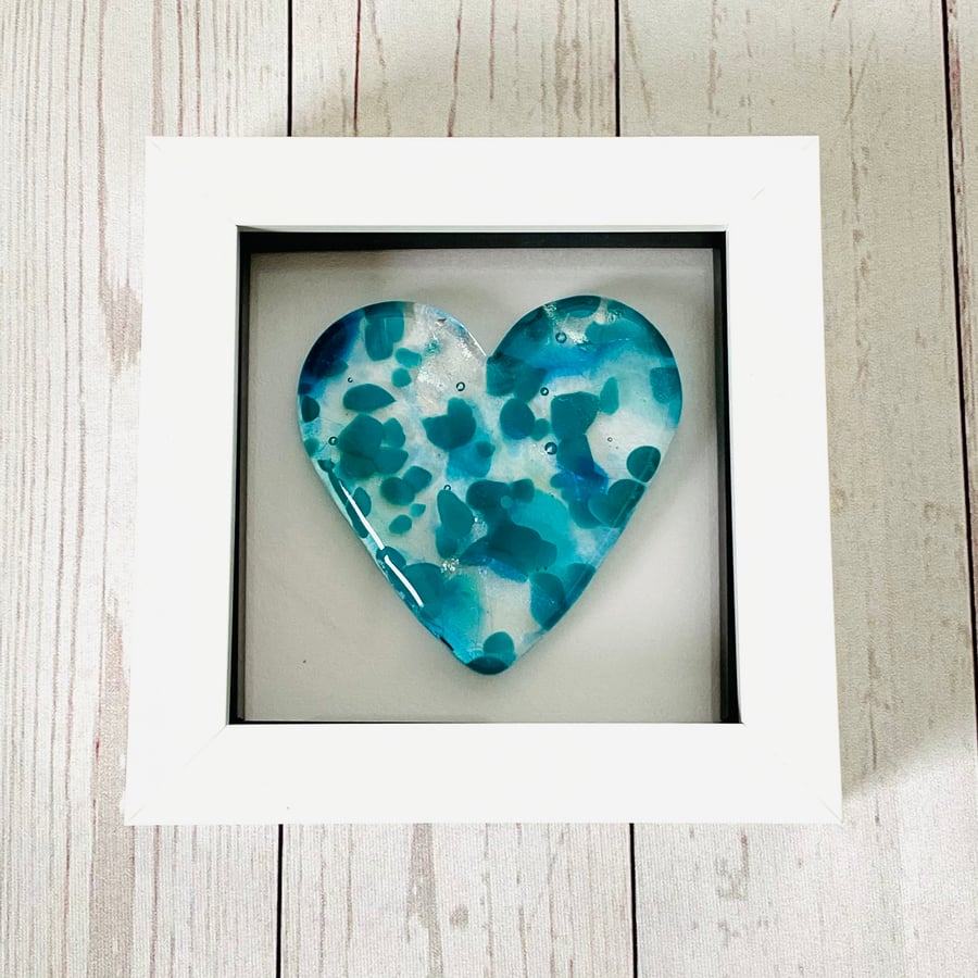 Fused glass handmade cast heart in a box frame. 