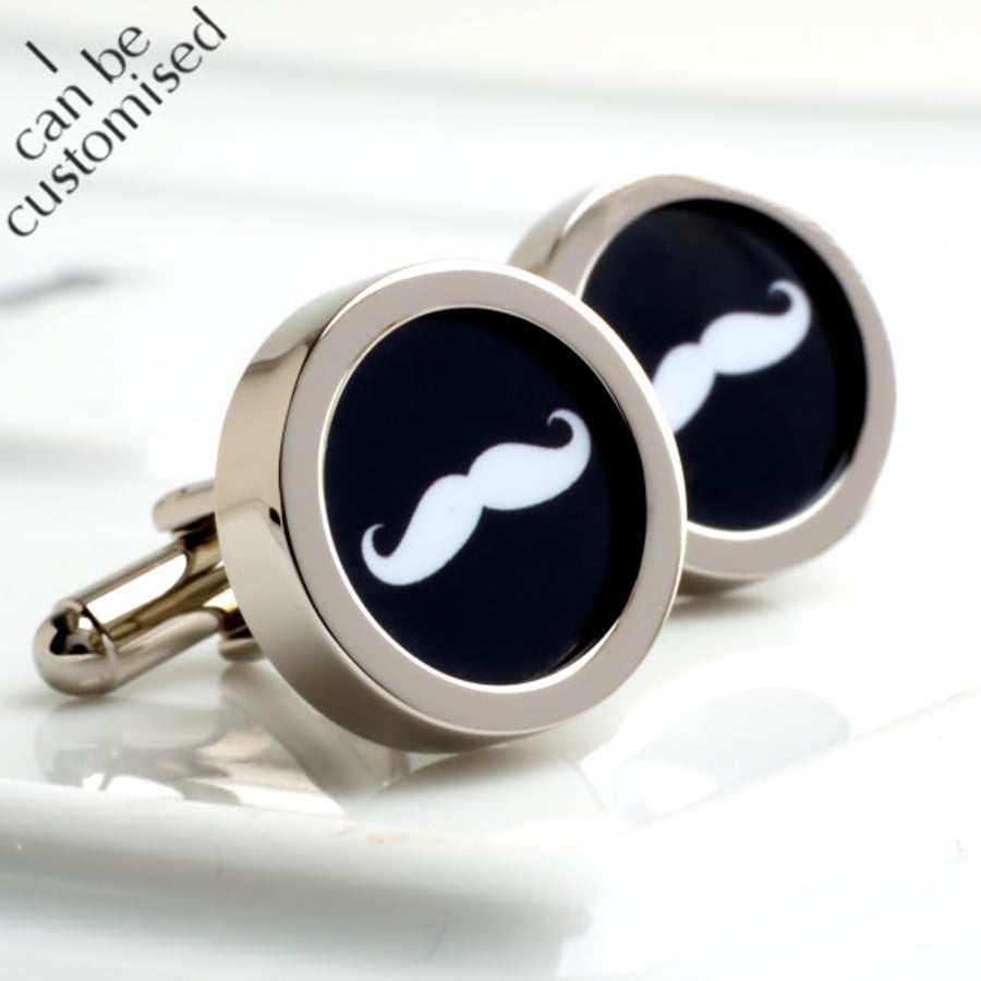 Mustache Cufflinks in Black and White - Keepsake Gift for Groom and Wedding Part