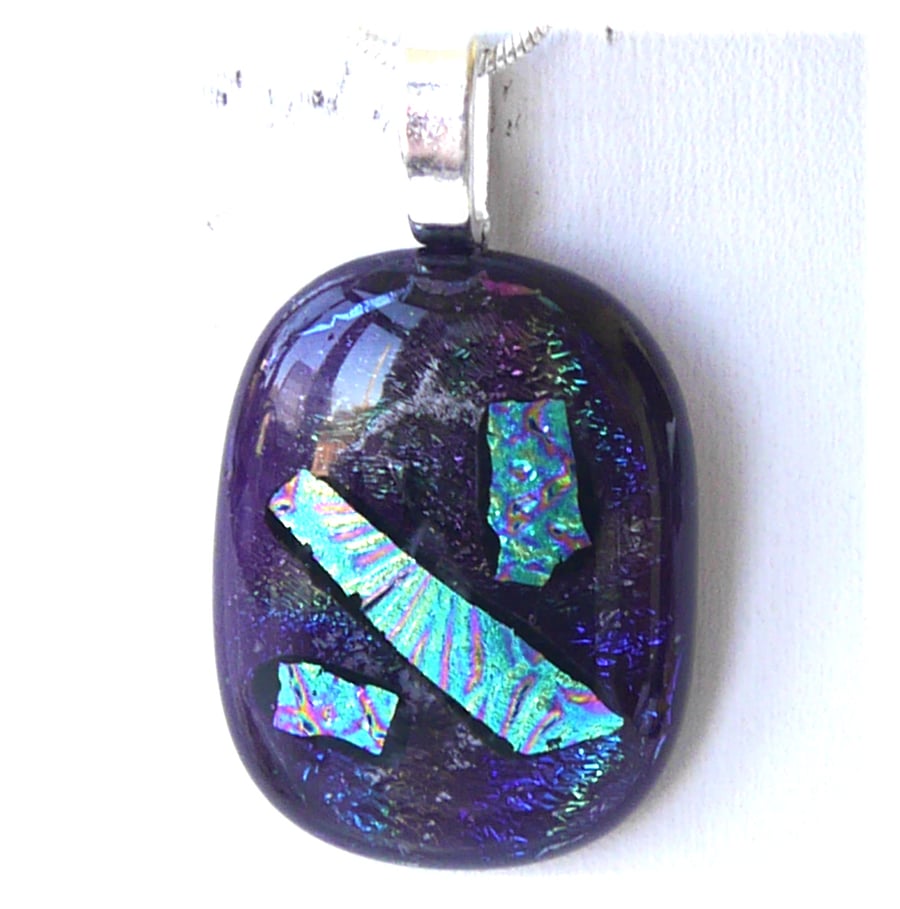 Dichroic Glass Pendant 170 Purple Aqua Sparkles with silver plated chain
