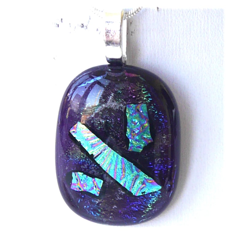 Dichroic Glass Pendant 170 Purple Aqua Sparkles with silver plated chain