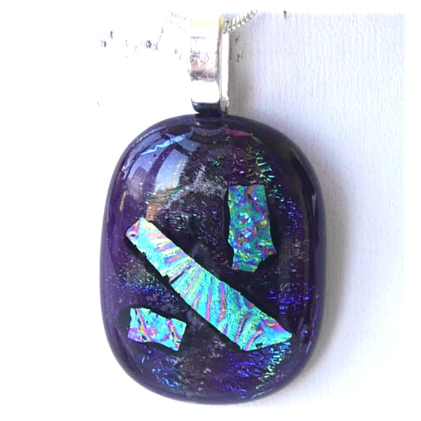 Dichroic Glass Pendant 170 Purple Aqua Sparkles with silver plated chain