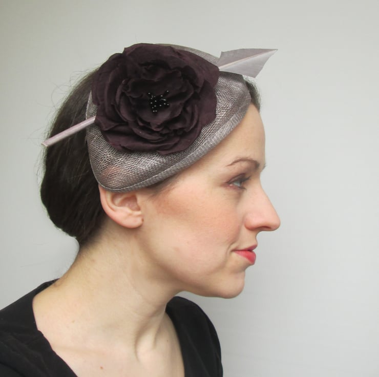 Womens Wedding Hat Pewter Grey Perch Hat Plum Fascinator Hat