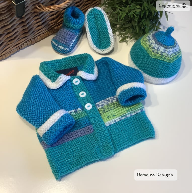 Designer Baby Boys Hand Knitted Jacket, Booties & Hat Gift Set  0-3 months size
