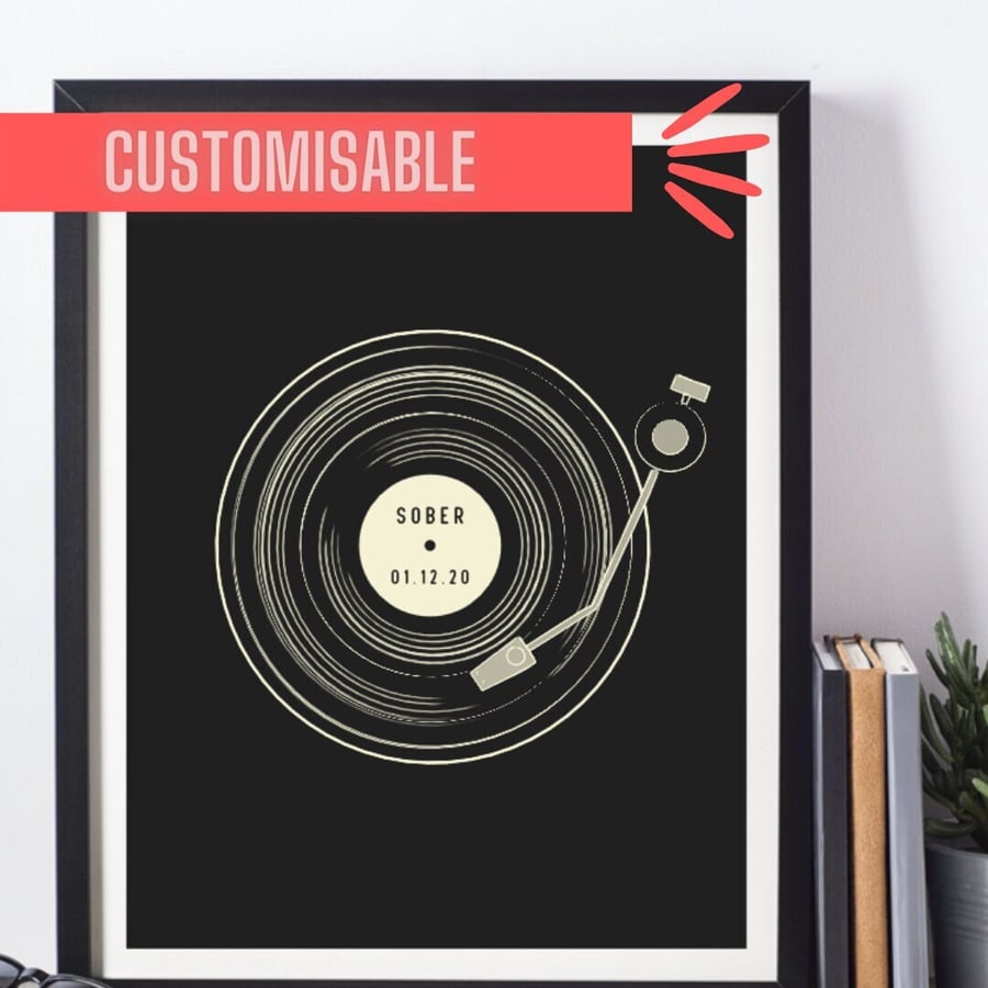 Custom Sober Vinyl Art Print, Personalised Sobriety Gift, AA Wall Art