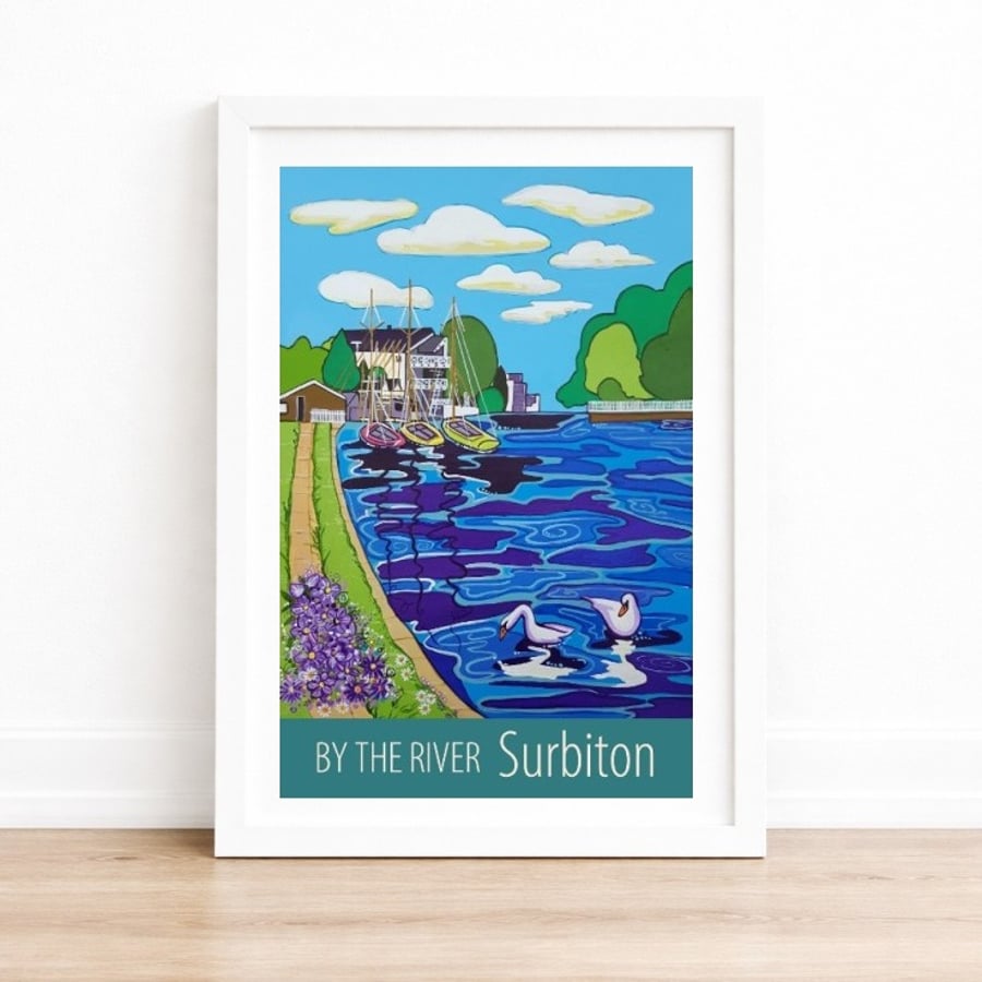 Surbiton by the river travel poster print by Susie West