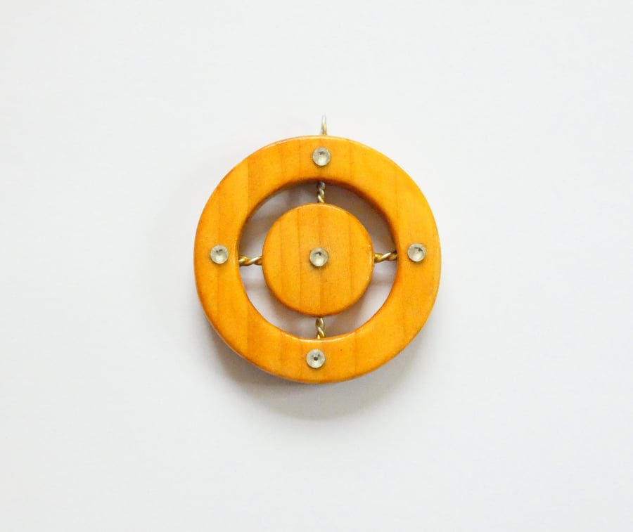 Unique Circular Wooden Pendant Necklace with Crystals