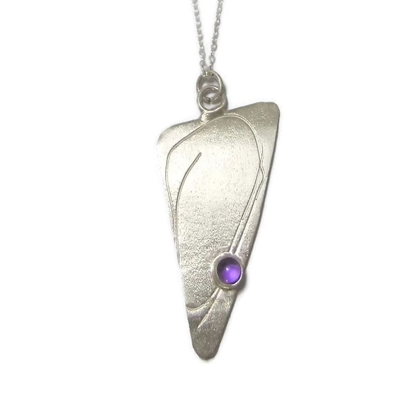 Handmade Textured Sterling Silver Triangle Pendant with Cabochon Amethyst