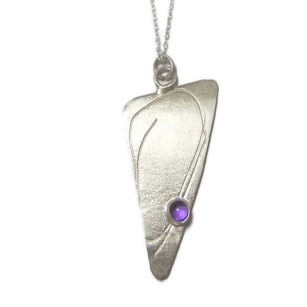 Handmade Textured Sterling Silver Triangle Pendant with Cabochon Amethyst