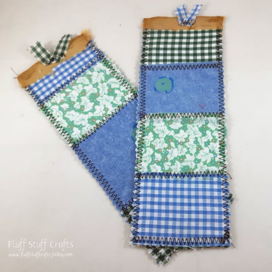 Set of 2 blue and green, handmade shabby style fabric bookmarks