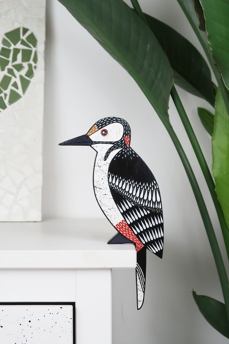 Woodpecker door topper, british bird wall art, hand painted wooden bird.