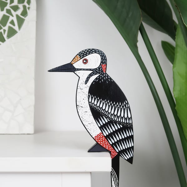 Woodpecker door topper, british bird wall art, hand painted wooden bird.