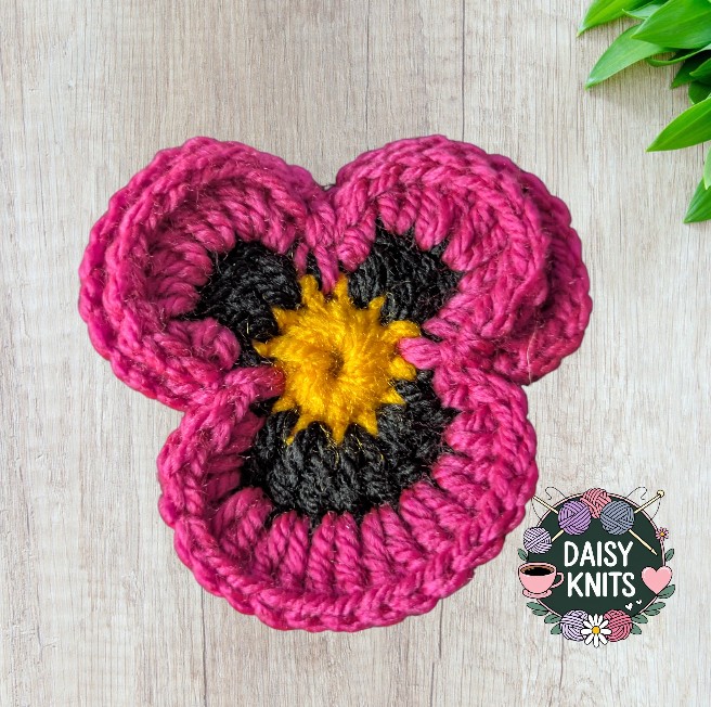 Hand Knitted Bright Pink Pansy Brooch