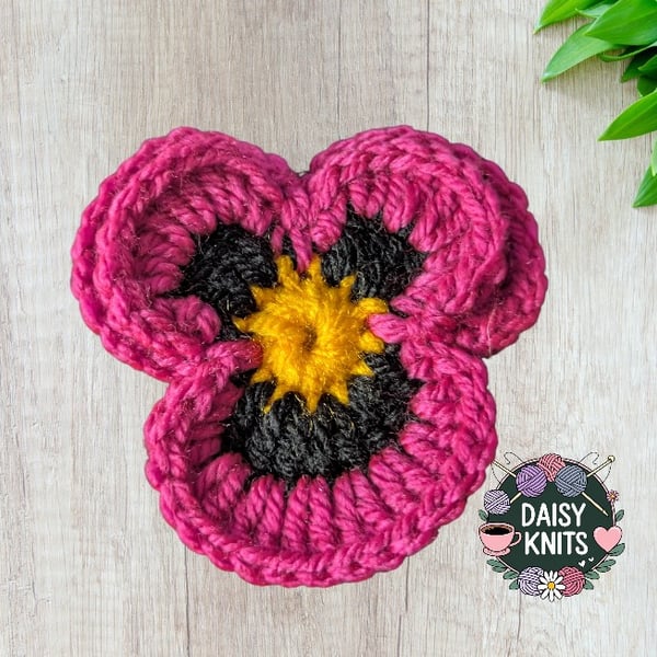 Hand Knitted Bright Pink Pansy Brooch