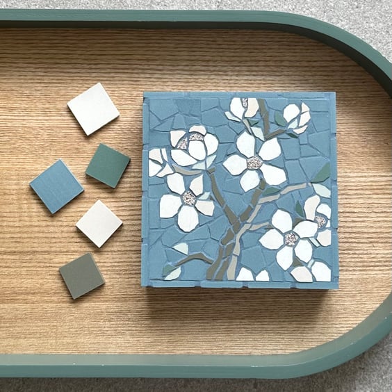 Mosaic Floral Art - Blossom Mosaic Wall Plaque in Slate Blue