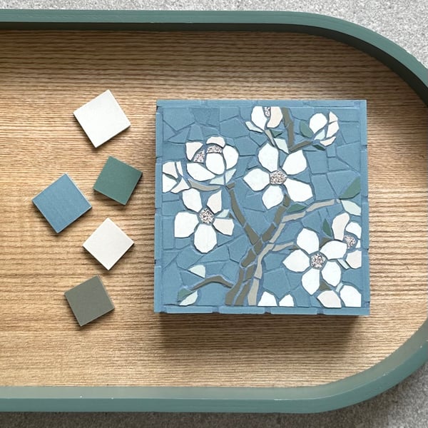 Mosaic Floral Art - Blossom Mosaic Wall Plaque in Slate Blue
