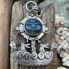 Hare Viking Ship Pendant with Labradorite Face and Garnet