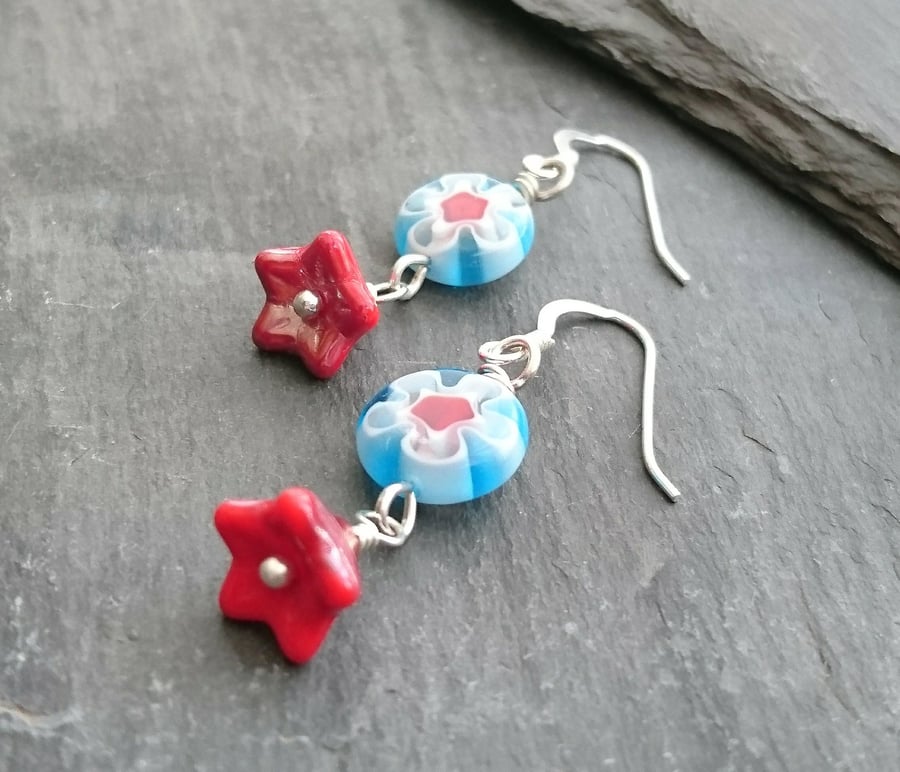 Turquoise and red delicate flower earrings, sterling silver ear wires
