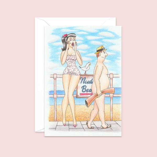 Nudist Beach Greetings Card: Hand Drawn Postcard Style Artwork (802)