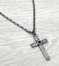 Oxidised sterling silver hammered cross gold set black sapphire chain necklace - Image 2