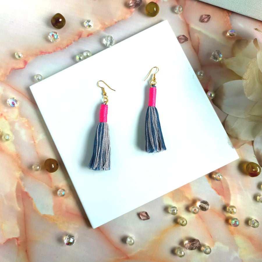 Boho earrings with cotton tassel, Boho jewellery gifts for women