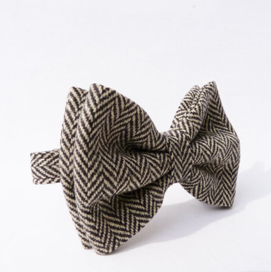 Oversized Bow Tie - Black Herringbone Irish Tweed, Mens Large Bow Tie