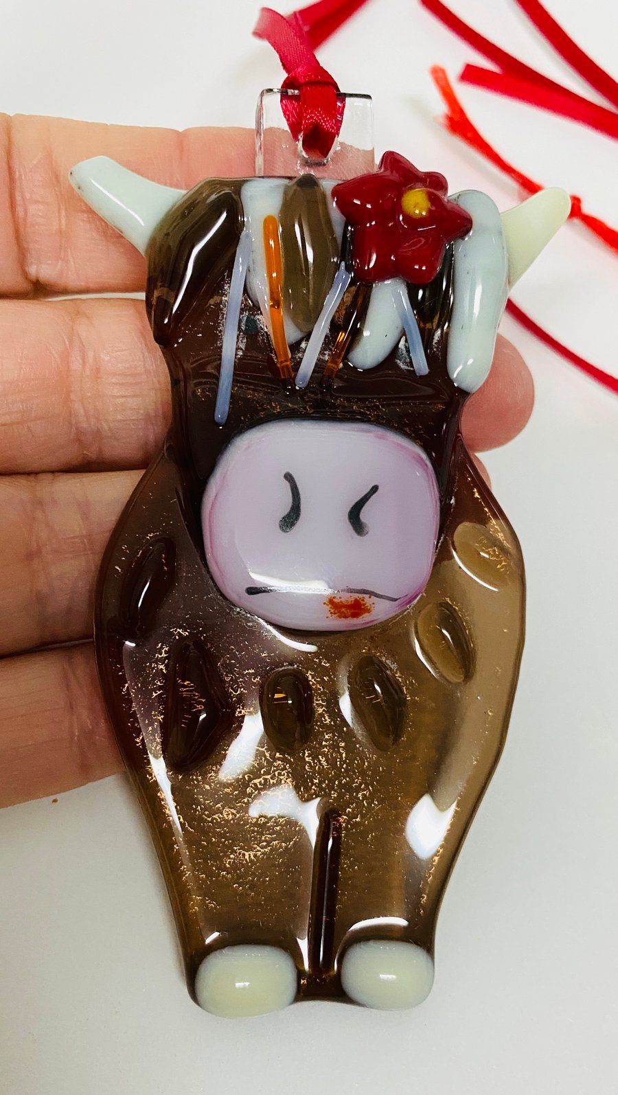Gertie the Christmas highland cow , fused glass Christmas decoration 